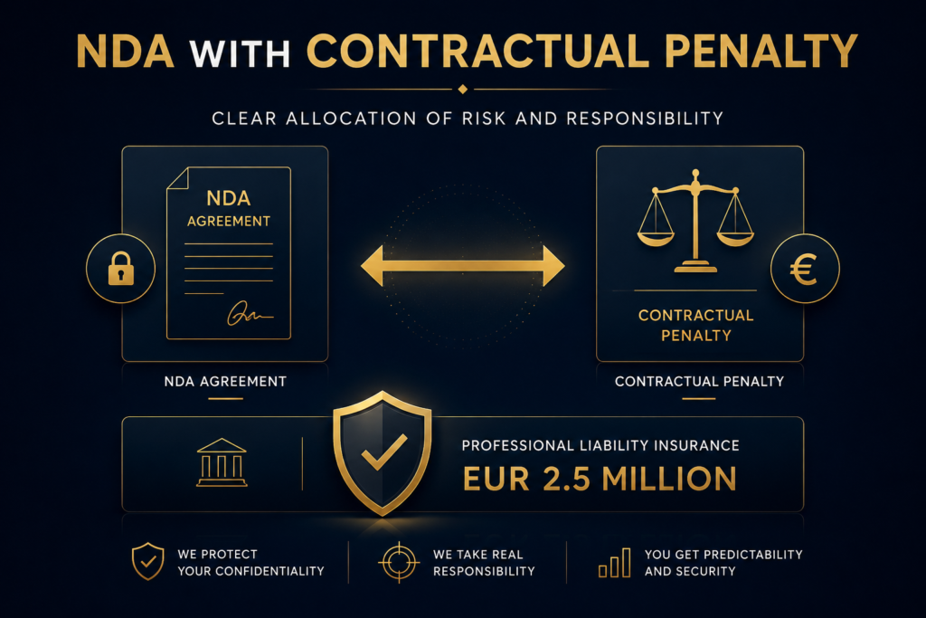 Corporate infographic showing NDA agreement linked to contractual penalty, visualizing risk transfer and responsibility allocation between confidentiality obligations and penalty clause, with legal icons and insurance coverage of EUR 2.5 million.