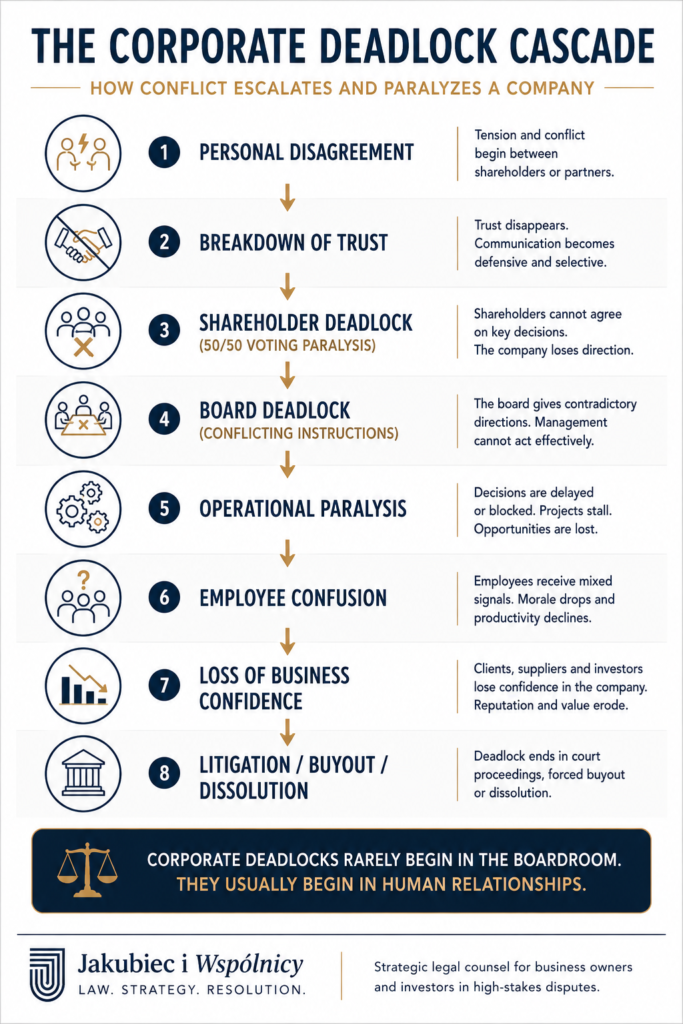 Infographic illustrating eight stages of corporate deadlock — from personal disagreement to litigation — showing how conflict escalates and paralyzes a company.