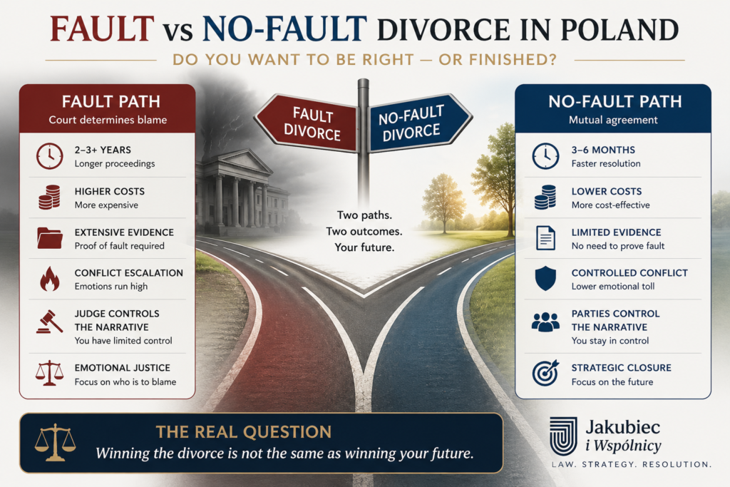 Infographic comparing fault and no‑fault divorce in Poland — visual summary of legal, emotional, and strategic differences between the two paths.
