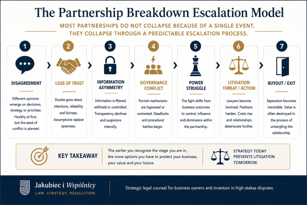 Infographic illustrating seven stages of partnership breakdown — from disagreement to buyout — highlighting predictable escalation and strategic prevention.
