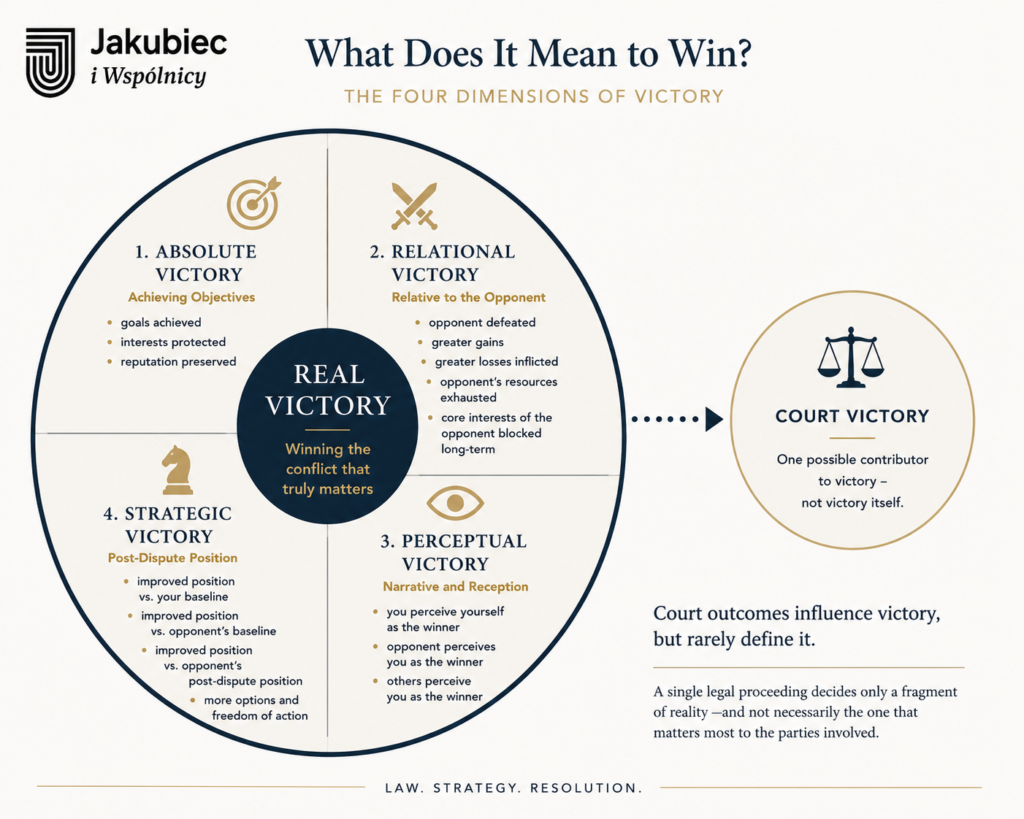 Infographic titled “What Does It Mean to Win? The Four Dimensions of Victory” by Jakubiec i Wspólnicy. It presents a circular model showing four types of victory — Absolute, Relational, Perceptual, and Strategic — surrounding a central concept of Real Victory: winning the conflict that truly matters. Each quadrant lists defining criteria, while a separate section explains that Court Victory is only one contributor, not victory itself. The design emphasizes that legal outcomes influence but rarely define real success.