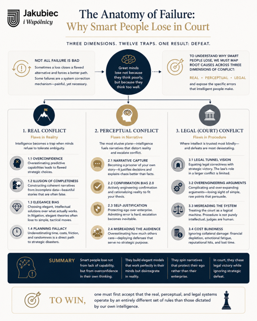 Strategic infographic titled "The Anatomy of Failure: Why Smart People Lose in Court" by Jakubiec i Wspólnicy. The chart maps 12 cognitive and tactical traps across three dimensions of conflict: Real Conflict (Overconfidence, Illusion of Completeness, Elegance Bias, Planning Fallacy), Perceptual Conflict (Narrative Capture, Confirmation Bias 2.0, Self-Justification, Misreading the Audience), and Legal Conflict (Legal Tunnel Vision, Overengineering Arguments, Misreading the System, Cost Blindness). The bottom section features a strategic summary and a concluding principle for winning disputes.