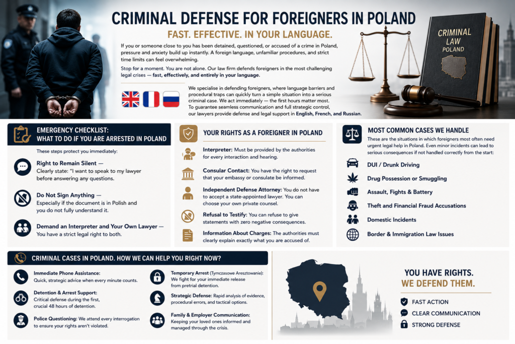 Infographic for expats explaining what to do after an arrest in Poland, including an emergency checklist, rights of foreigners, common criminal cases, and immediate legal assistance from an English speaking criminal lawyer in Poland.