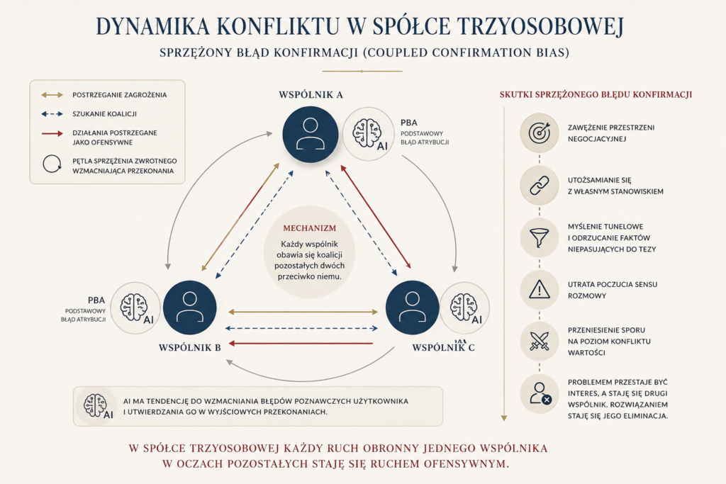 Infografika zatytułowana "DYNAMIKA KONFLIKTU W SPÓŁCE TRZYOSOBOWEJ – SPRZĘŻONY BŁĄD KONFIRMACJI (COUPLED CONFIRMATION BIAS)" ilustruje, jak błędy poznawcze i sztuczna inteligencja prowadzą do eskalacji sporu między trzema wspólnikami, co jest spójne z treścią grafiki o nazwie "Jak błędy poznawcze i AI prowadzą do eskalacji sporu między trzema wspólnikami.png".
Po lewej stronie znajduje się legenda wyjaśniająca rodzaje strzałek i symboli: strzałka dwukierunkowa przerywana oznacza szukanie koalicji, pełna strzałka dwukierunkowa – postrzeganie zagrożenia, czerwona strzałka jednokierunkowa – działania postrzegane jako ofensywne, a pętla ze strzałkami – pętlę sprzężenia zwrotnego wzmacniającą przekonania.
Środek grafiki przedstawia model trzech wspólników (A, B, C) jako sylwetki w kręgach, połączonych skomplikowanym układem tych strzałek, tworzącym trójkąt wzajemnych interakcji i podejrzeń. Przy każdym wspólniku znajduje się symbol AI (mózg połączony z układem scalonym) oraz skrót "PBA" oznaczający "Podstawowy błąd atrybucji". Centralnie umieszczono wyjaśnienie mechanizmu: "Każdy wspólnik obawia się koalicji pozostałych dwóch przeciwko niemu." Dookoła wspólników biegną łuki z pętlami sprzężenia zwrotnego, symbolizujące narastające przekonania.
Na dole grafiki znajduje się panel z ikoną AI i mózgu, wyjaśniający jej rolę: "AI MA TENDENCJĘ DO WZMACNIANIA BŁĘDÓW POZNAWCZYCH UŻYTKOWNIKA I UTWIERDZANIA GO W WYJŚCIOWYCH PRZEKONANIACH."
Po prawej stronie znajduje się lista "SKUTKI SPRZĘŻONEGO BŁĘDU KONFIRMACJI" przedstawiona jako pionowy proces. Każdy punkt ma swoją ikonę:
Celeownik: ZAWĘŻENIE PRZESTRZENI NEGOCJACYJNEJ
Ogniwa łańcucha: UTOŻSAMIANIE SIĘ Z WŁASNYM STANOWISKIEM
Lejek: MYŚLENIE TUNELOWE I ODRZUCANIE FAKTÓW NIEPASUJĄCYCH DO TEZY
Znak ostrzegawczy: UTRATA POCZUCIA SENSU ROZMOWY
Skrzyżowane miecze: PRZENIESIENIE SPORU NA POZIOM KONFLIKTU WARTOŚCI
Sylwetka z krzyżykiem: PROBLEMEM PRZESTAJE BYĆ INTERES, A STAJE SIĘ DRUGI WSPÓLNIK. ROZWIĄZANIEM STAJE SIĘ JEGO ELIMINACJA.
Całość podsumowuje zdanie na dole: "W SPÓŁCE TRZYOSOBOWEJ KAŻDY RUCH OBRONNY JEDNEGO WSPÓLNIKA W OCZACH POZOSTAŁYCH STAJE SIĘ RUCHEM OFENSYWNYM." Grafika ma jasne tło i używa odcieni granatu, złota i czerwieni.