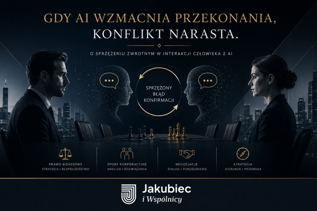 Grafika ilustrująca wpływ AI na eskalację konfliktów, sprzężony błąd konfirmacji, błędy poznawcze oraz zawężenie przestrzeni negocjacyjnej w sporach rodzinnych i biznesowych.