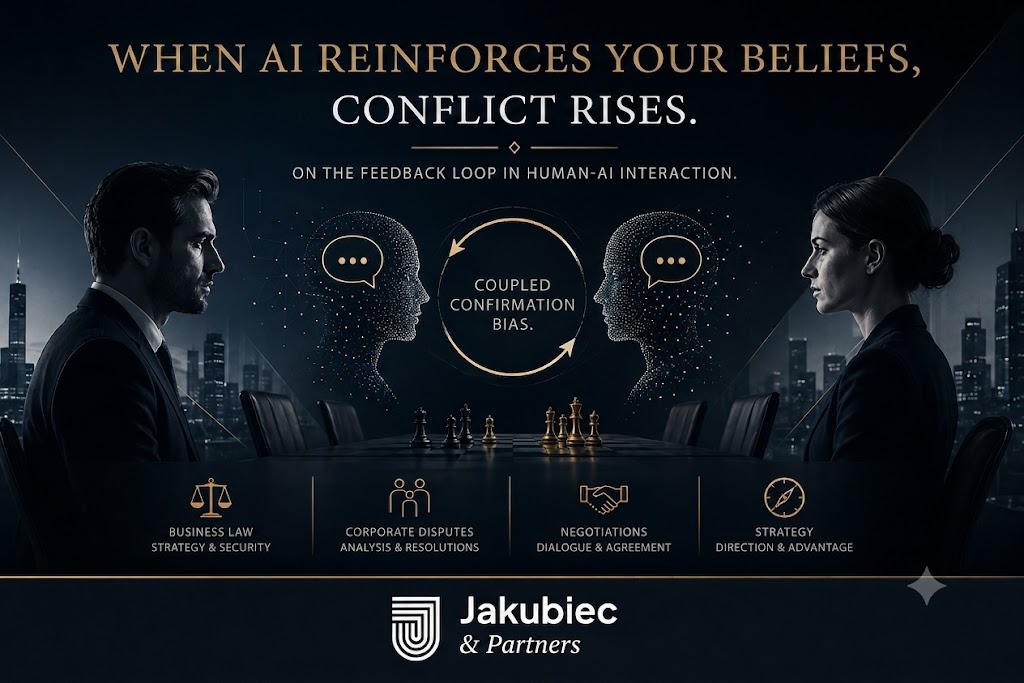 A professional corporate-style graphic by Jakubiec & Partners depicting a man and a woman facing each other across a chessboard in a high-rise office at night. Between them, two glowing digital heads representing AI are linked by a circular loop with the text "Coupled Confirmation Bias." The main headline reads: "When AI reinforces your beliefs, conflict rises. On the feedback loop in human-AI interaction."