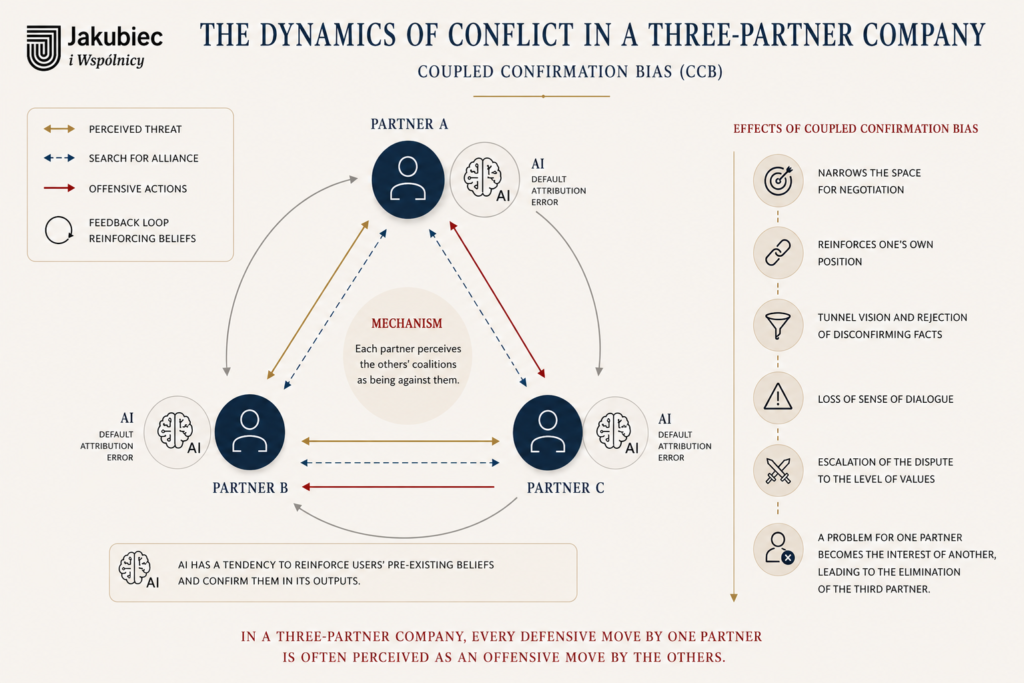 Infographic titled "The Dynamics of Conflict in a Three-Partner Company: Coupled Confirmation Bias (CCB)". The central diagram illustrates three partners (Partner A, B, and C) in a triangular setup, each paired with an AI model subject to Default Attribution Error. Arrows show a complex network of perceived threats, searches for alliances, and offensive actions, surrounded by feedback loops reinforcing beliefs. The central note highlights that each partner perceives the others' coalitions as being against them. A bottom banner explains that AI reinforces users' pre-existing beliefs. The right panel lists the effects of CCB: narrowing space for negotiation, reinforcing positions, tunnel vision, loss of dialogue, escalation to a conflict of values, and partner elimination. The footer states: "In a three-partner company, every defensive move by one partner is often perceived as an offensive move by the others."