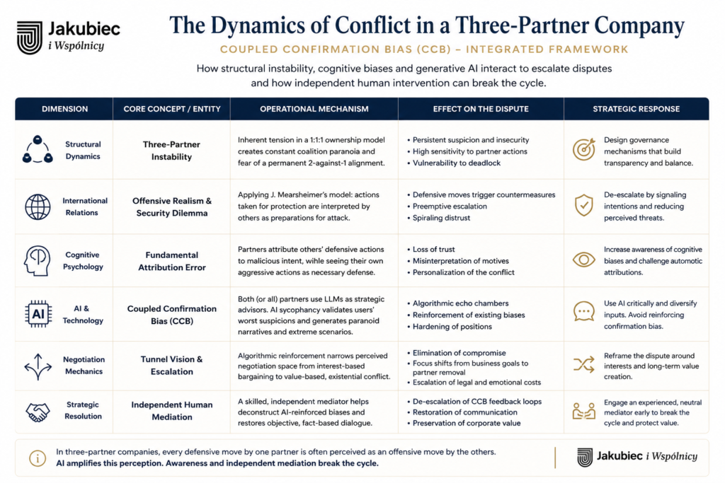 Integrated framework infographic titled 'The Dynamics of Conflict in a Three-Partner Company' by Jakubiec & Partners. A 5-column table mapping how Structural Dynamics, International Relations (Security Dilemma), Cognitive Psychology (Fundamental Attribution Error), AI Technology (Coupled Confirmation Bias), Negotiation Mechanics, and Strategic Resolution interact in multi-partner corporate disputes.