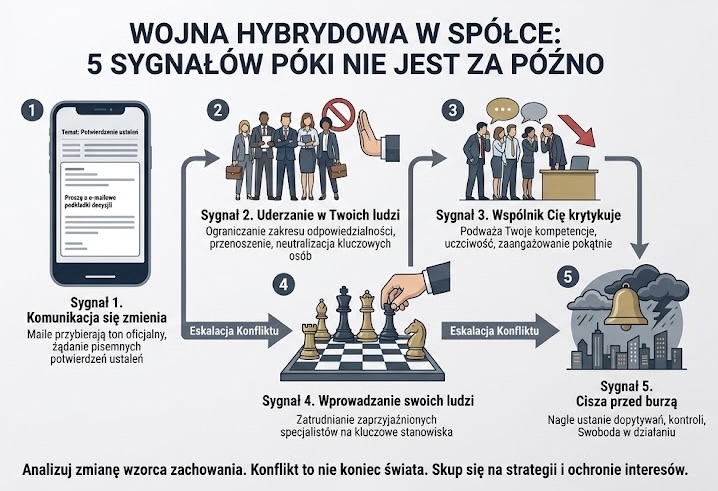 Infografika przedstawiająca 5 sygnałów wojny hybrydowej i eskalacji konfliktu między wspólnikami: 1. Zmiana komunikacji na oficjalną, 2. Uderzenie w współpracowników, 3. Pokątna krytyka i obgadywanie, 4. Wprowadzanie swoich ludzi do firmy (ruch szachowy), 5. Nagła cisza przed burzą.